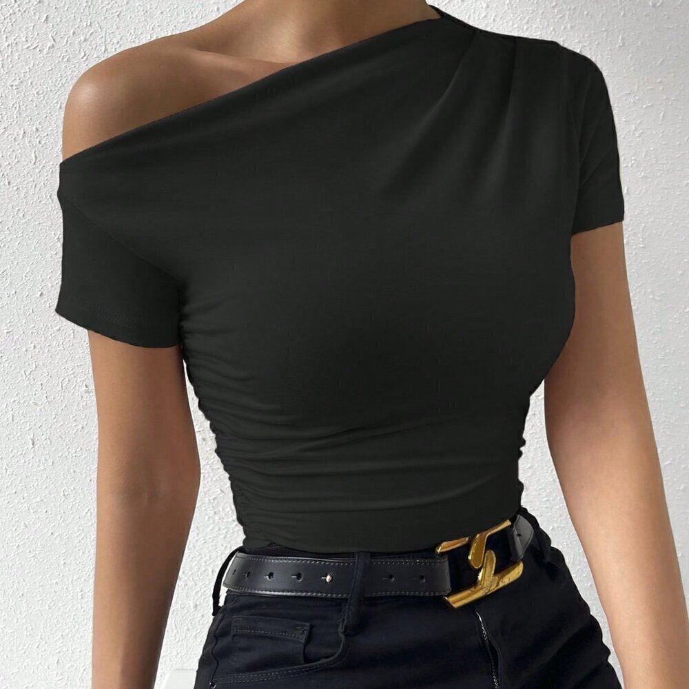 Black Casual Women's Solid Asymmetrical Neck Ruched Tee